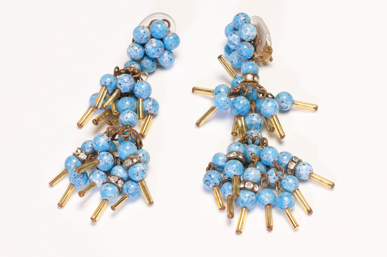 Vintage 1930's French Blue Glass Beads Long Drop Earrings