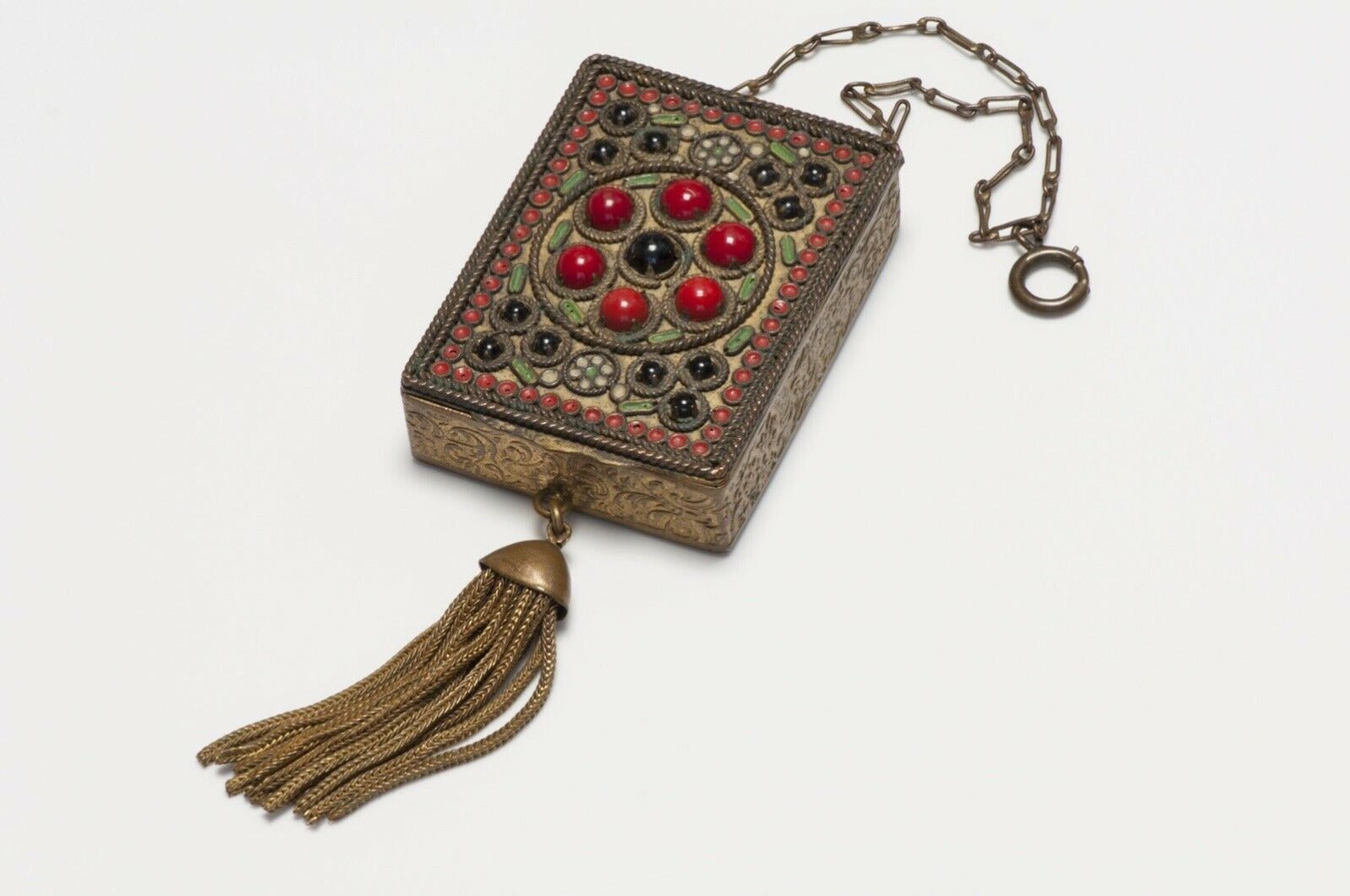 Vintage 1930’s French Glass Enamel Chain Tassel Compact