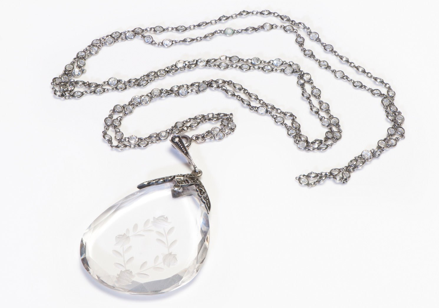 Vintage 1930’s Germany Sterling Silver Carved Crystal Chain Pendant Necklace