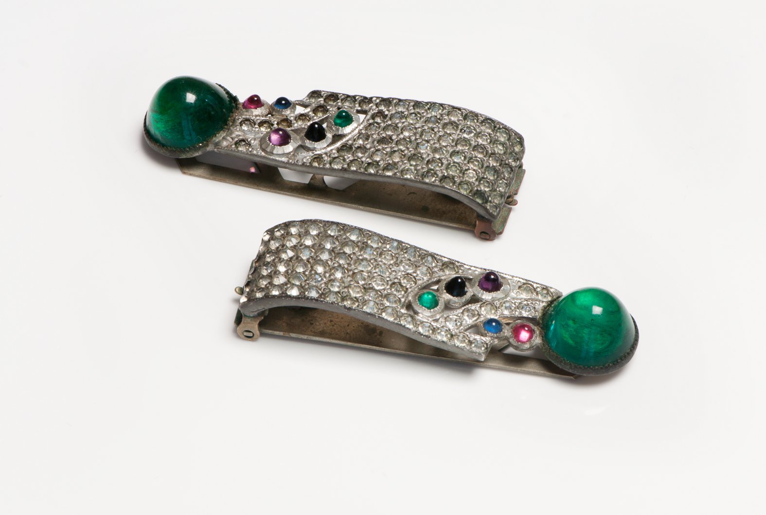 Vintage 1930's Green Purple Blue Red Cabochon Glass Crystal Double Clips