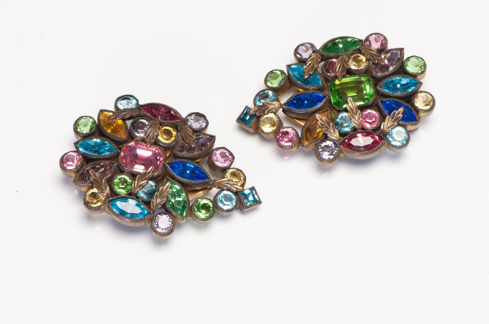 Vintage 1930's HOBE Pink Blue Green Crystal Double Clips Brooch