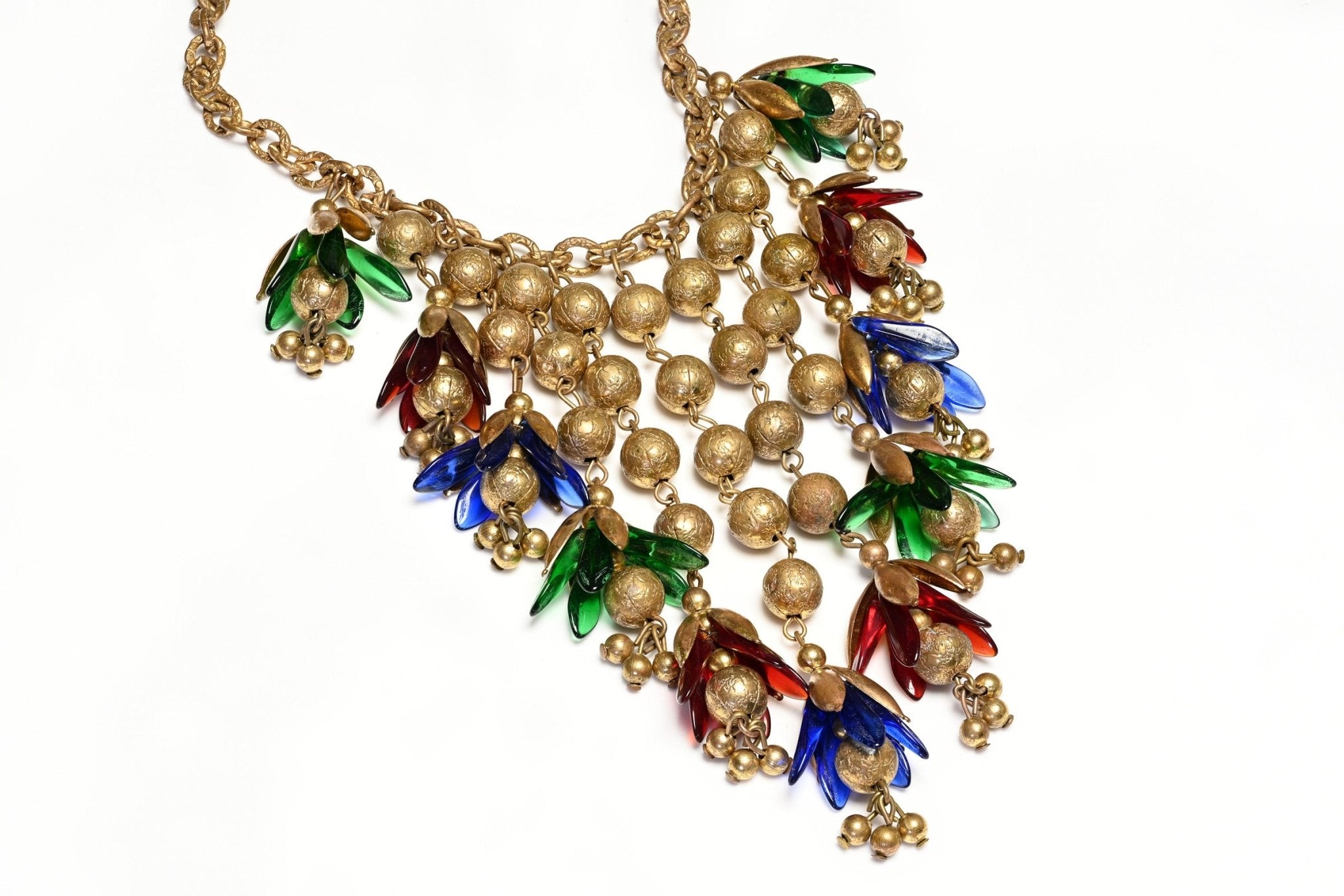 Vintage 1930's Miriam Haskell Green Red Blue Glass Flower Metal Beads Tassel Necklace
