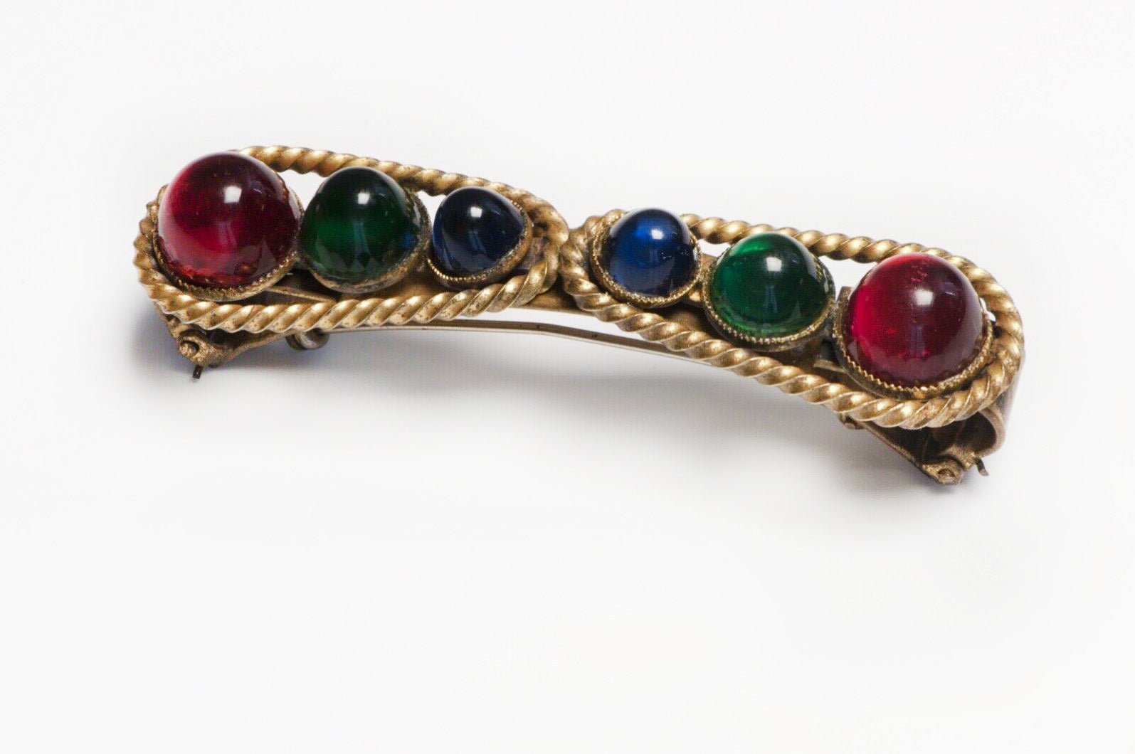 Vintage 1930’s Natty Creations Red Blue Green Cabochon Glass Scarf Holder Brooch