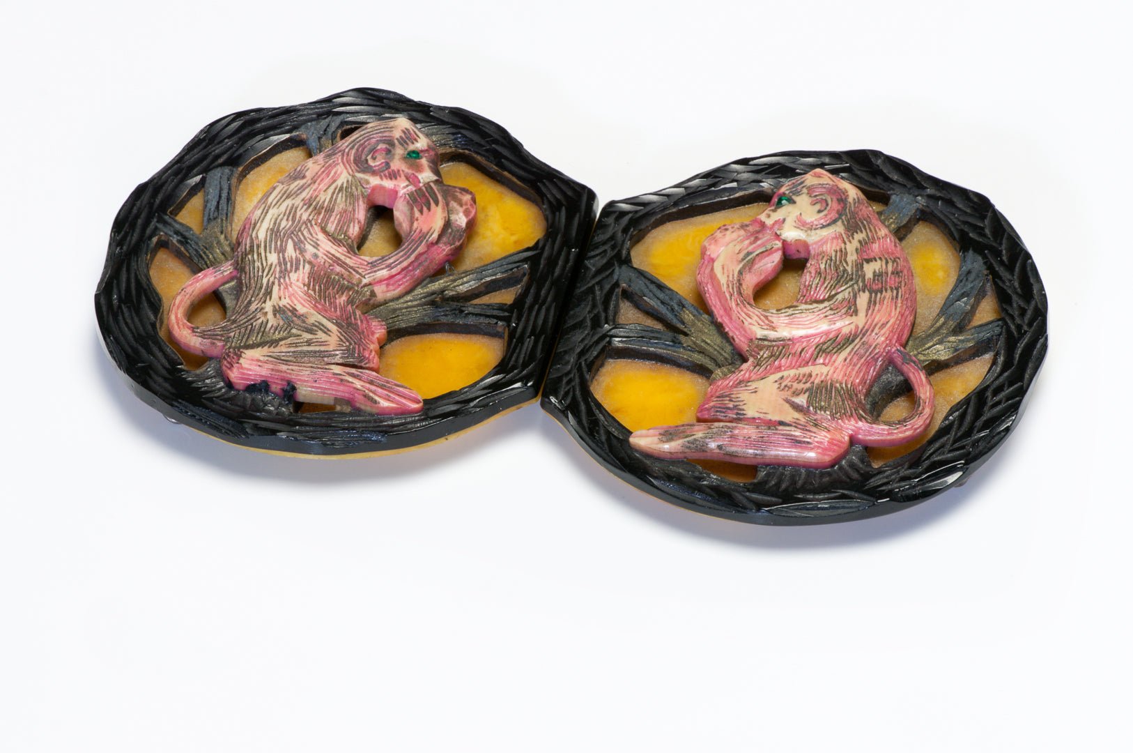 Vintage 1930’s Pink Yellow Green Bakelite Hand Carved Monkey Belt Buckle