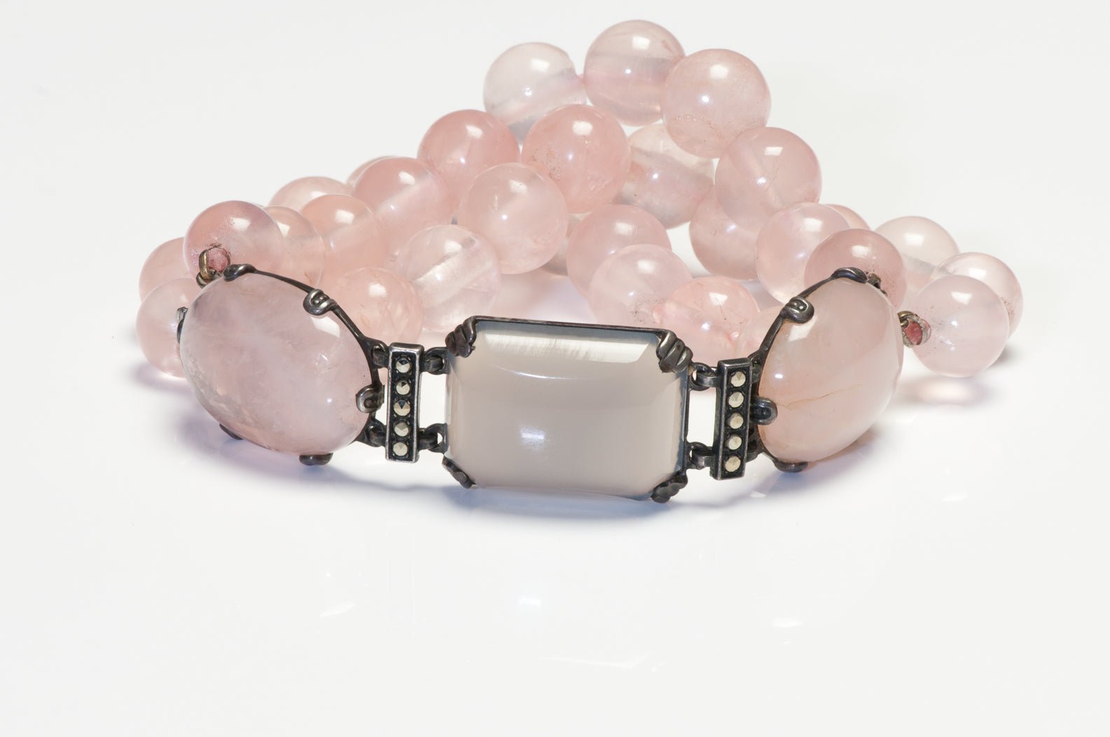 Vintage 1930’s Sterling Silver Pink Quartz Beads Chalcedony Bracelet