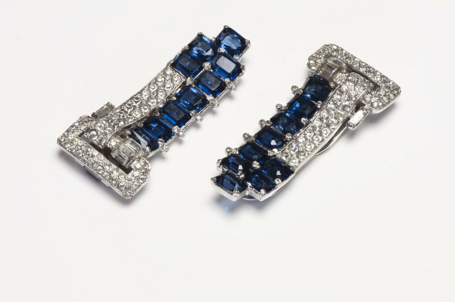 Vintage 1930’s Trifari KTF Alfred Philippe Blue Crystal Double Clips Brooch