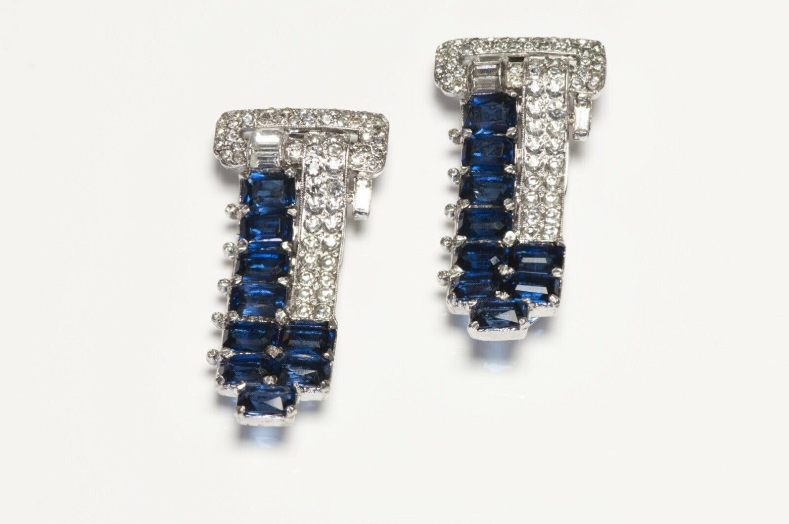 Vintage 1930’s Trifari KTF Alfred Philippe Blue Crystal Double Clips Brooch