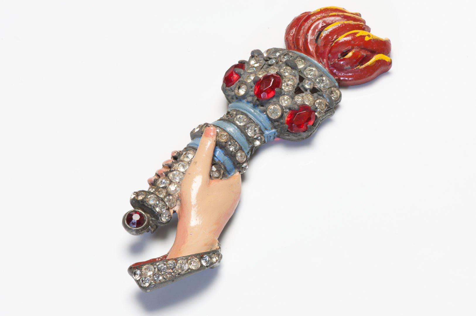 Vintage 1940’s Staret Lady Liberty Torch Blue Red Enamel Crystal Brooch
