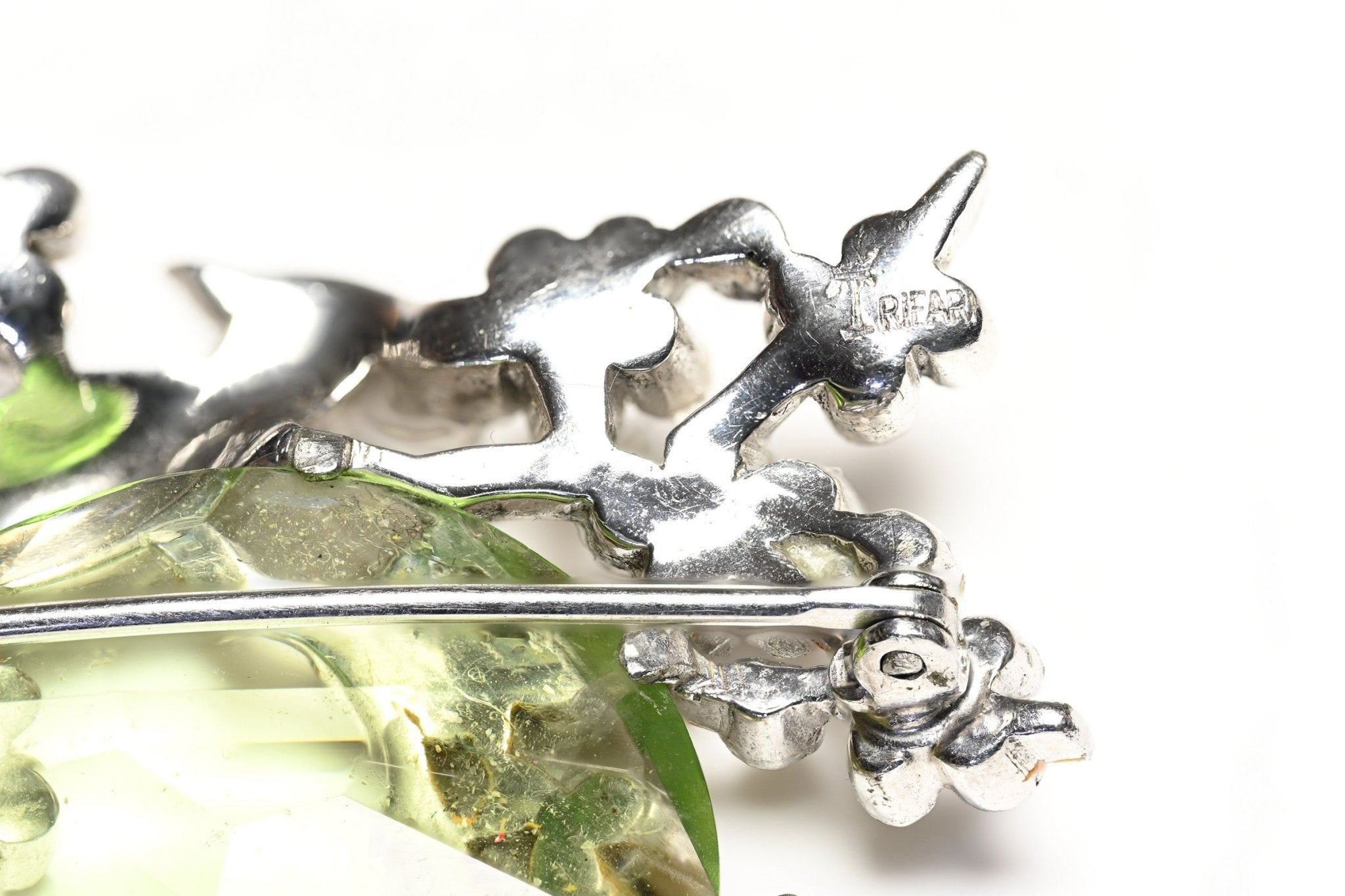 Vintage 1940's Trifari Alfred Philippe Green Crystal Enamel Flower Bird Brooch