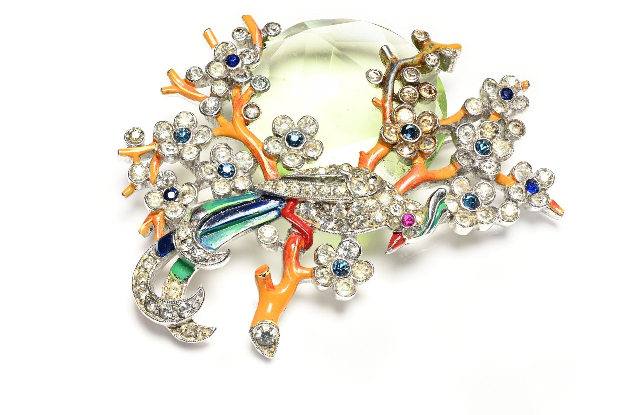 Vintage 1940's Trifari Alfred Philippe Green Crystal Enamel Flower Bird Brooch