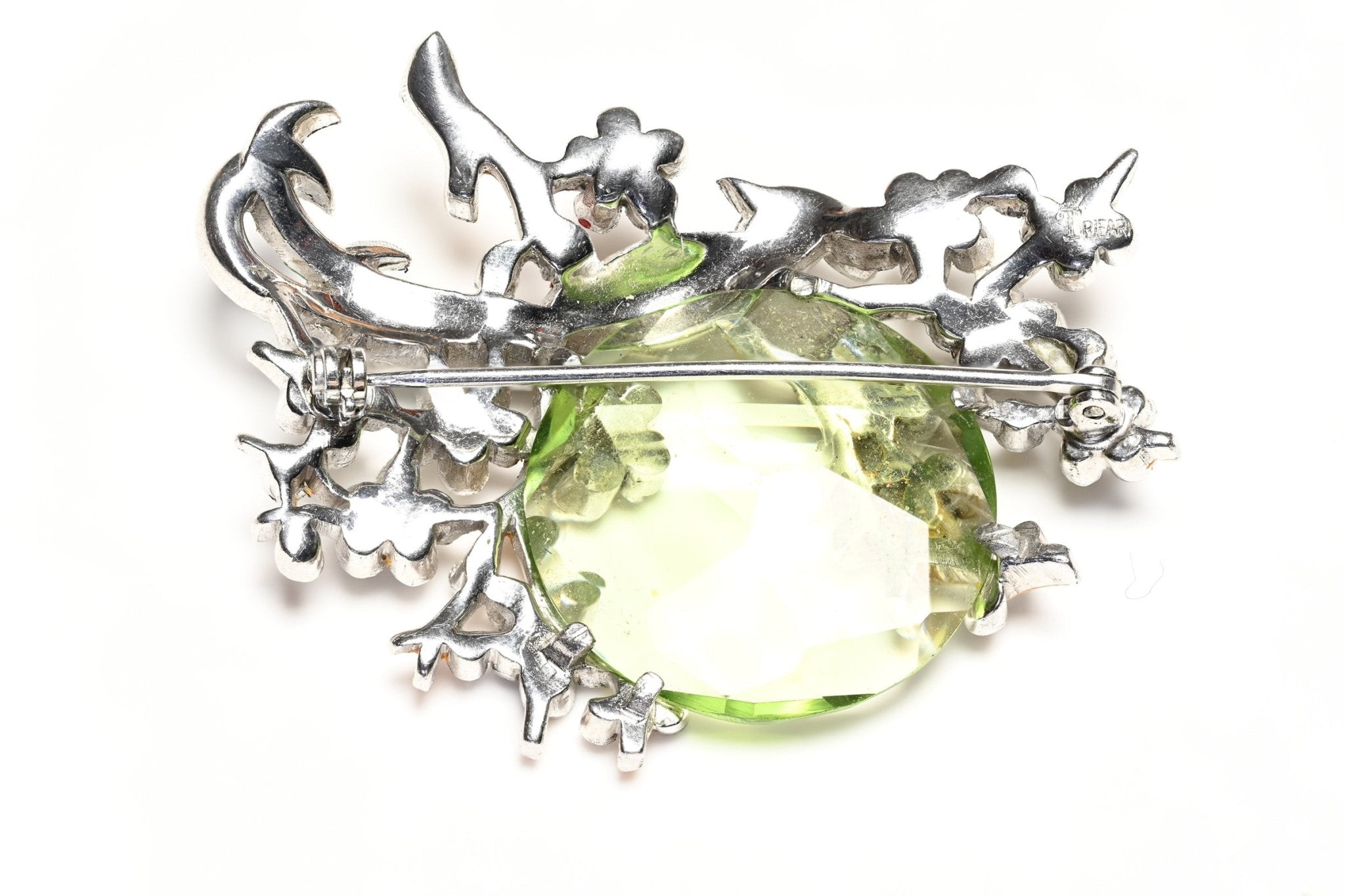 Vintage 1940's Trifari Alfred Philippe Green Crystal Enamel Flower Bird Brooch