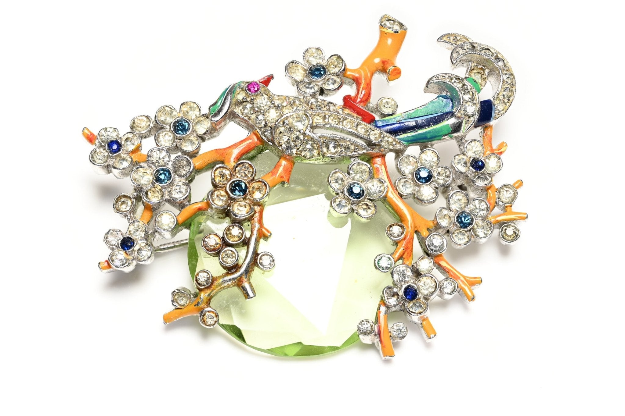 Vintage 1940's Trifari Alfred Philippe Green Crystal Enamel Flower Bird Brooch