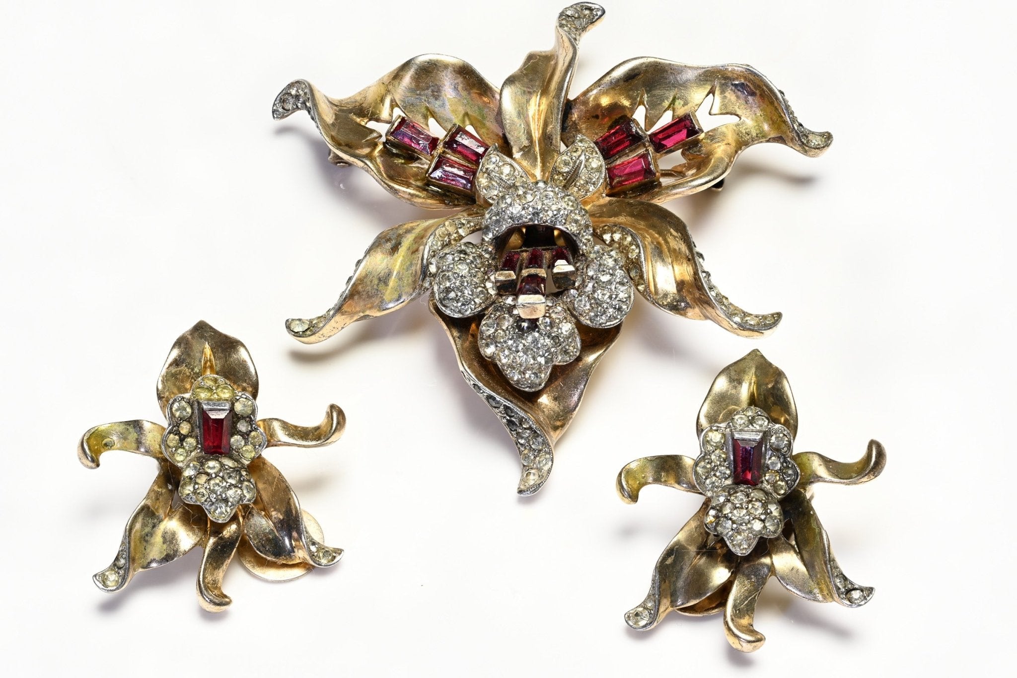Vintage 1945 Mazer Sterling Silver Red Crystal Orchid Brooch Earrings Set