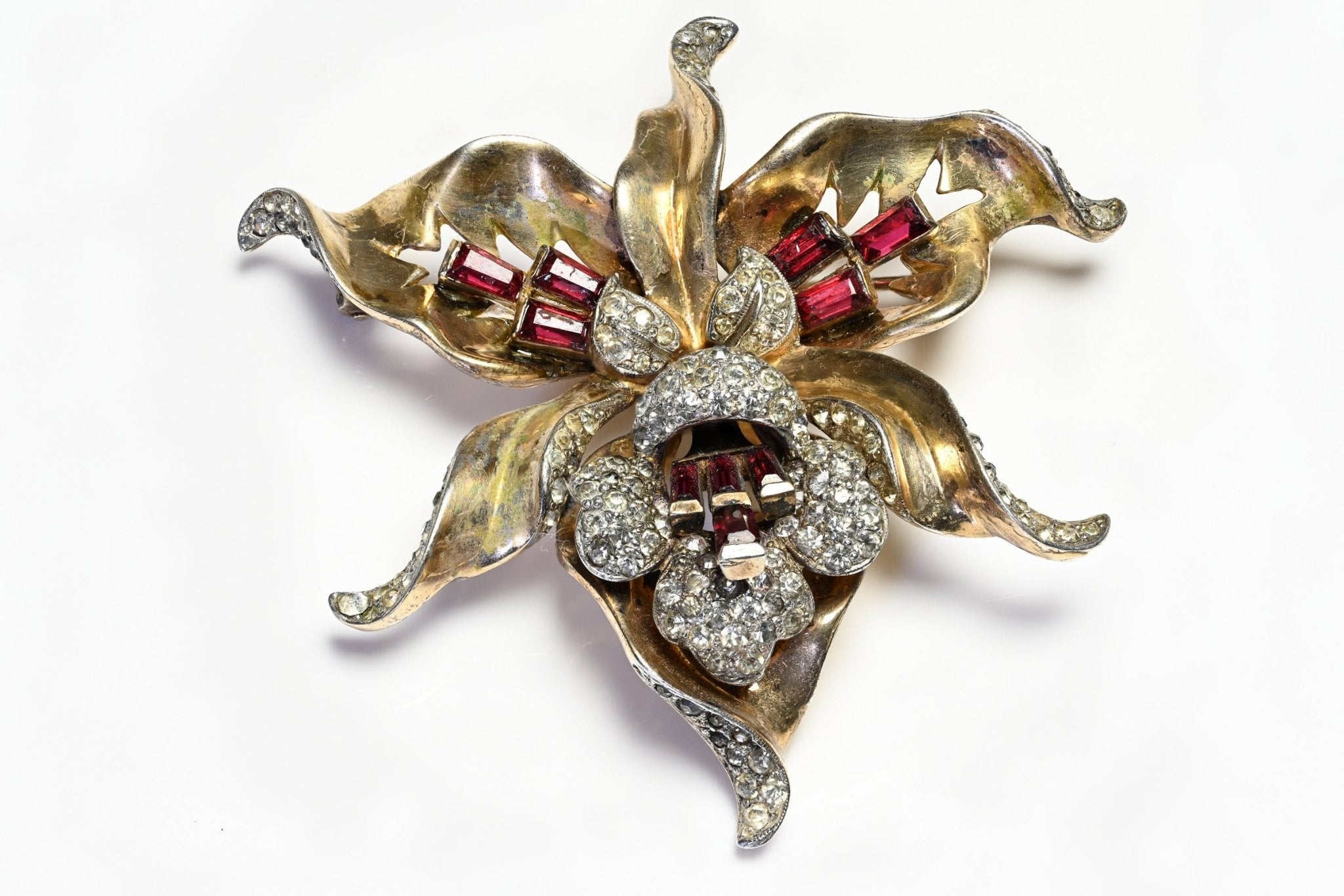 Vintage 1945 Mazer Sterling Silver Red Crystal Orchid Brooch Earrings Set