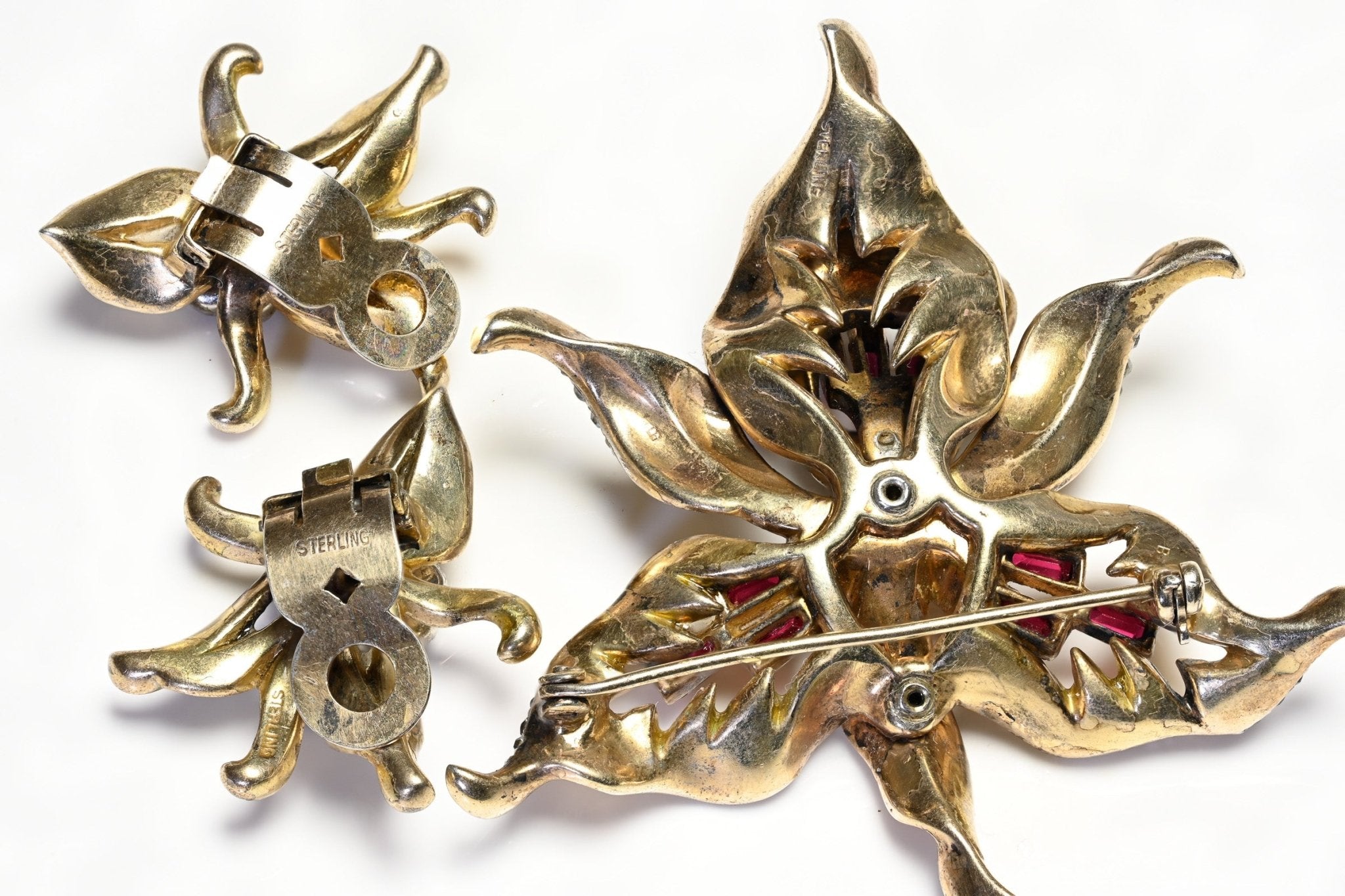 Vintage 1945 Mazer Sterling Silver Red Crystal Orchid Brooch Earrings Set