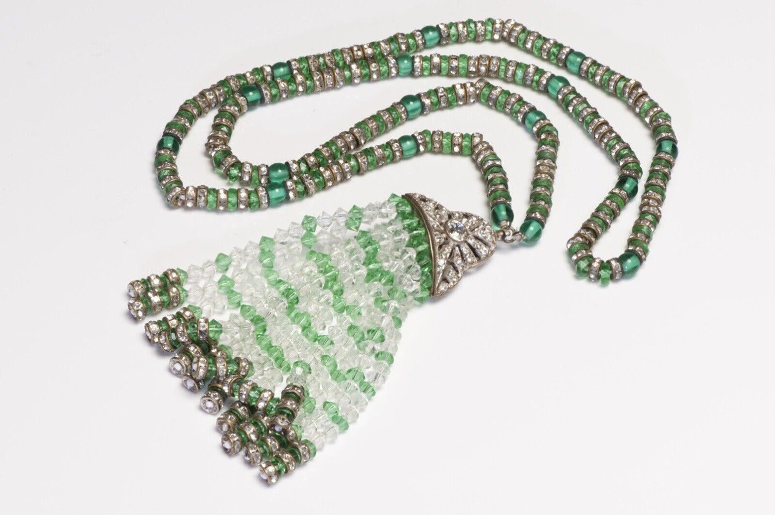 Vintage 1950’s Art Deco Style Green Glass Beads Crystal Tassel Flapper Necklace