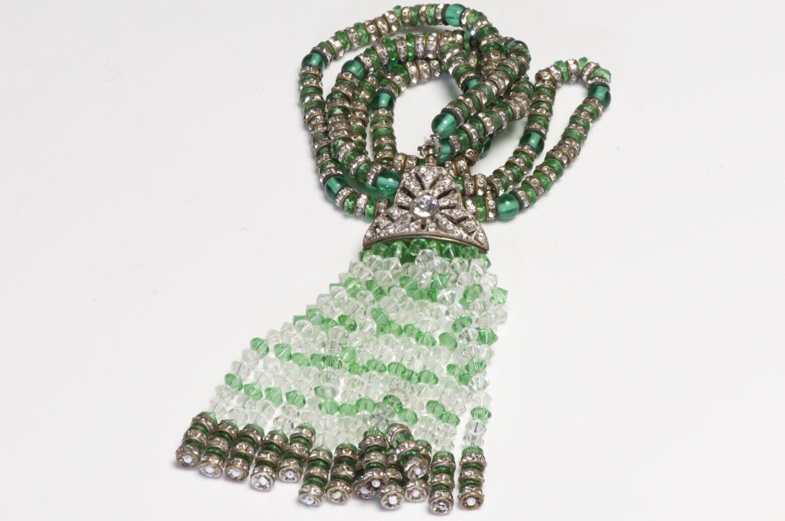 Vintage 1950’s Art Deco Style Green Glass Beads Crystal Tassel Flapper Necklace