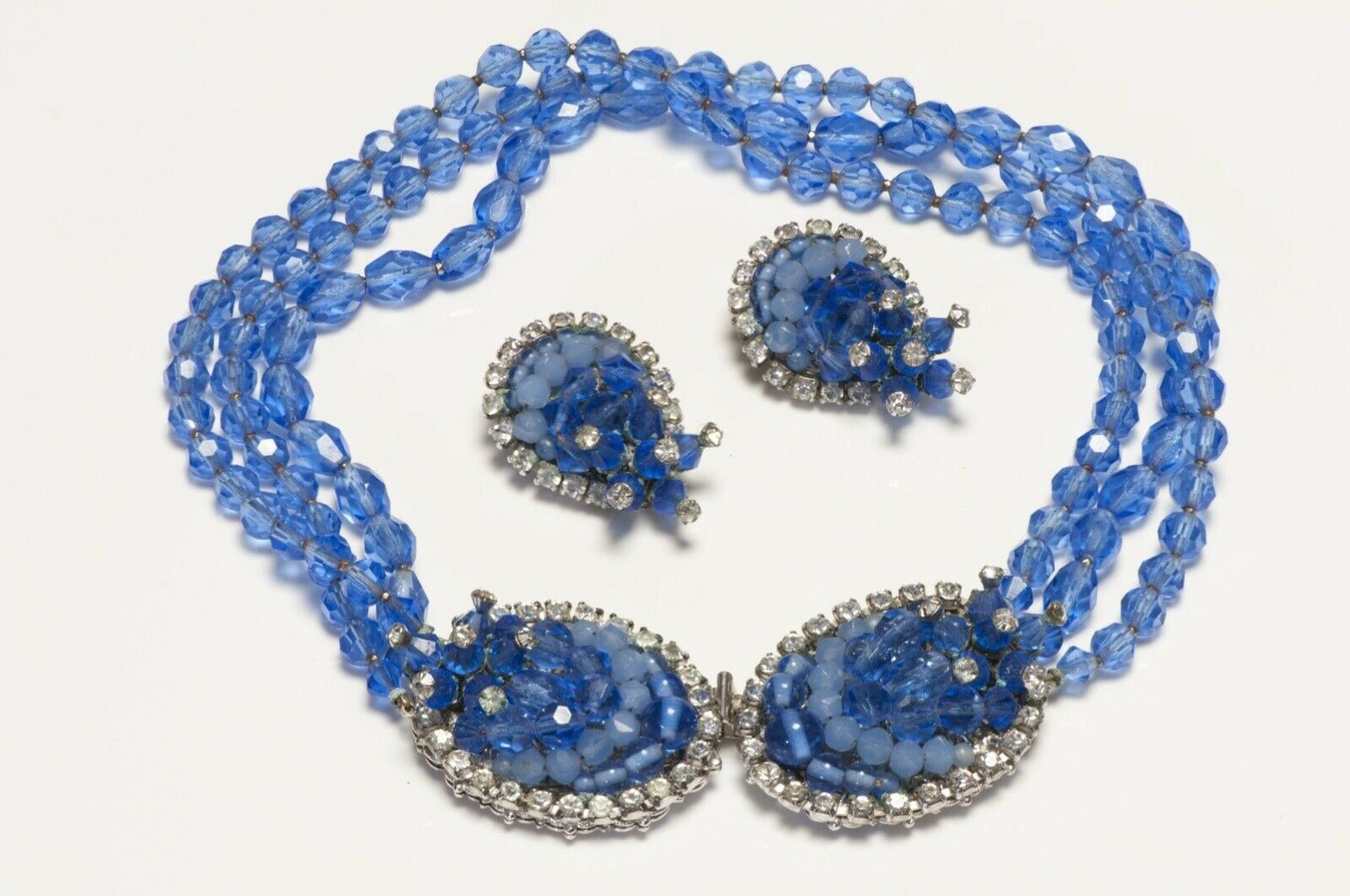 Vintage 1950’s Eugene Blue Crystal Beads Flower Necklace Earrings Set