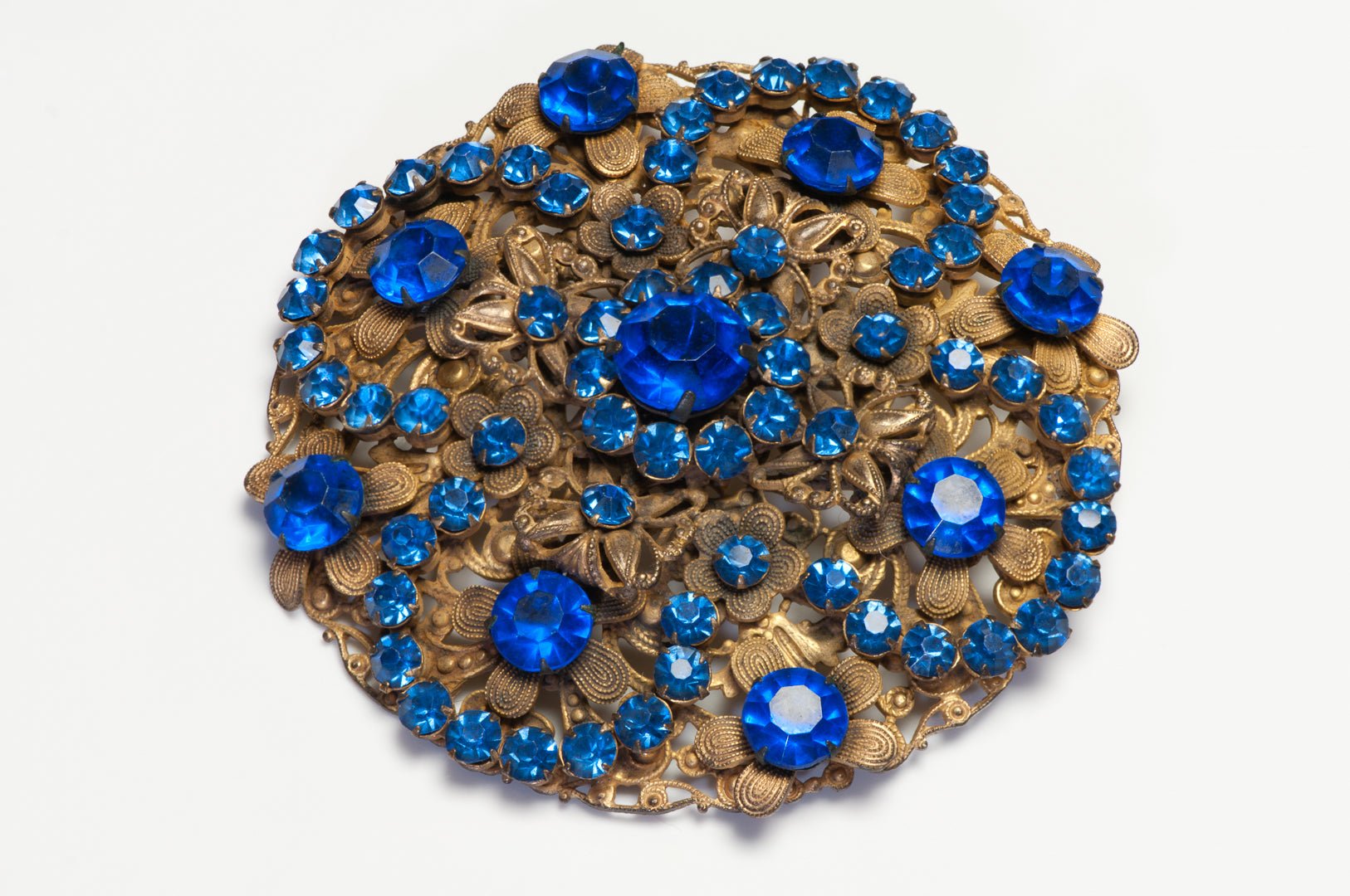 Vintage 1950’s Filigree Cobalt Blue Crystal Flower Large Brooch
