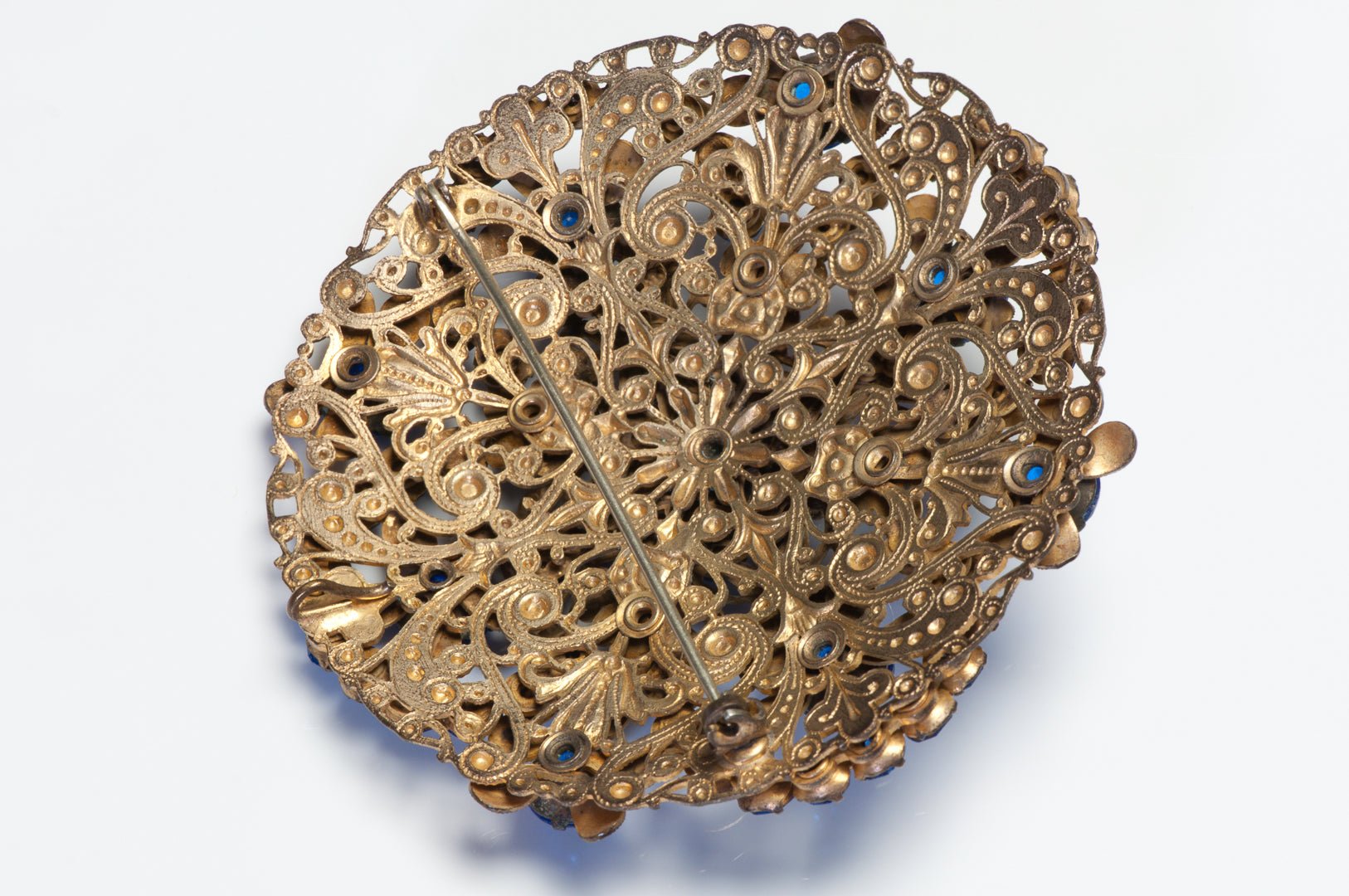 Vintage 1950’s Filigree Cobalt Blue Crystal Flower Large Brooch