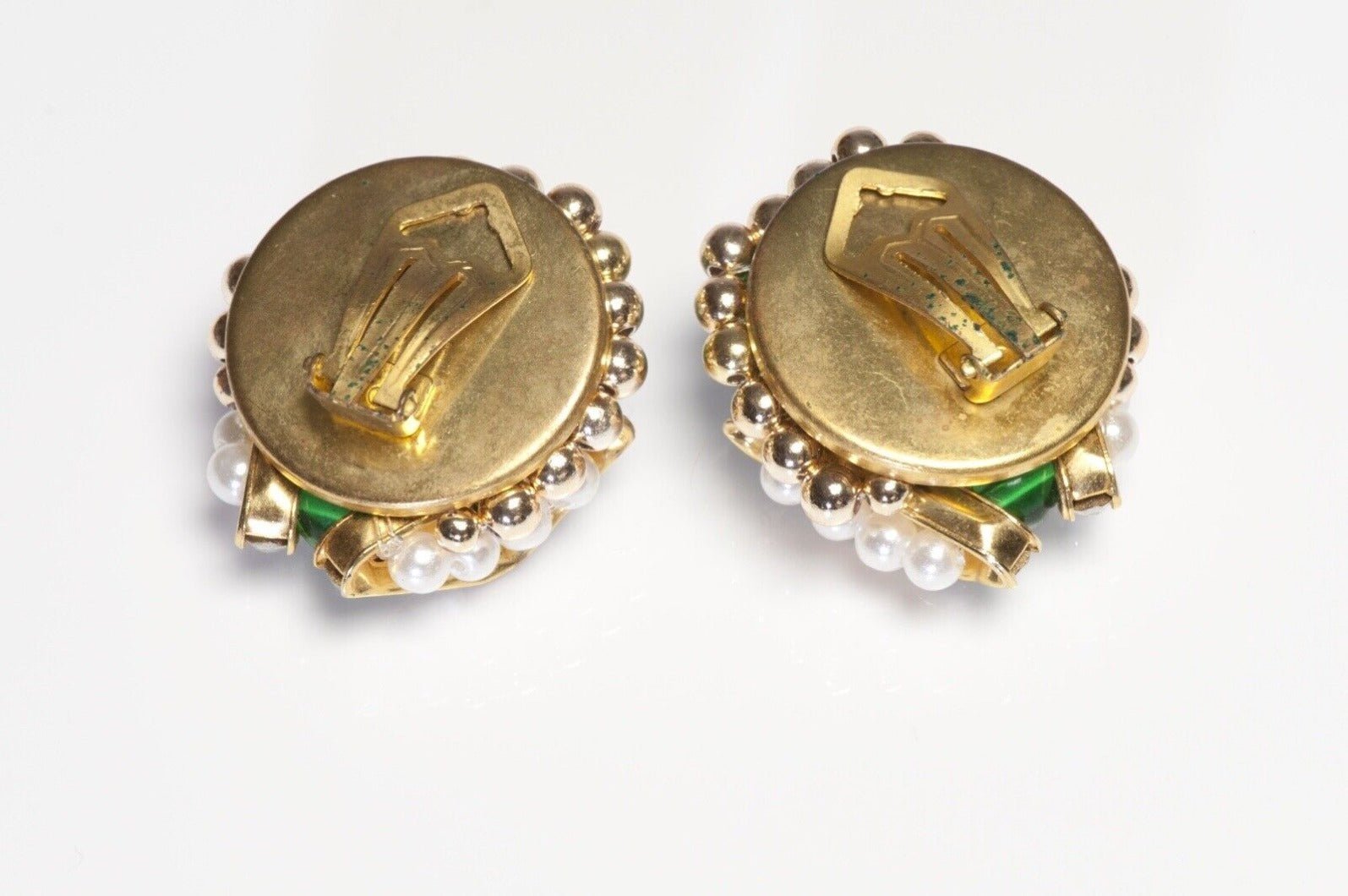 Vintage 1950's French Green Beads Faux Pearl Crystal Earrings