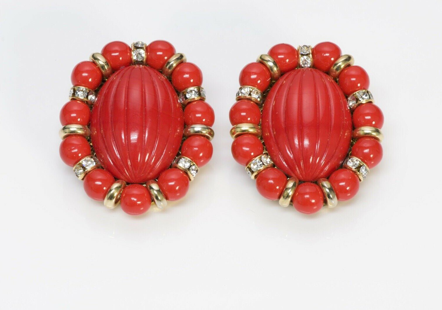Vintage 1950’s French Red Glass Beads Crystal Oval Earrings