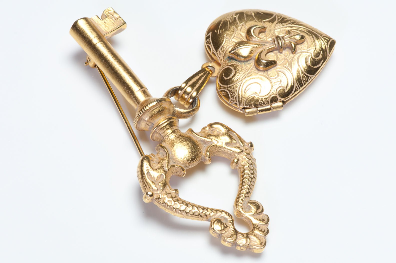 Vintage 1950's Gold Plated Key Fleur de Lys Heart Locket Brooch