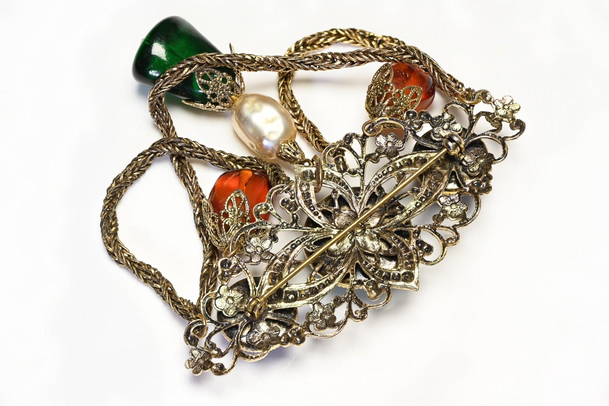 Vintage 1950’s Green Blue Brown Glass Beads Pearl Tassel Filigree Brooch