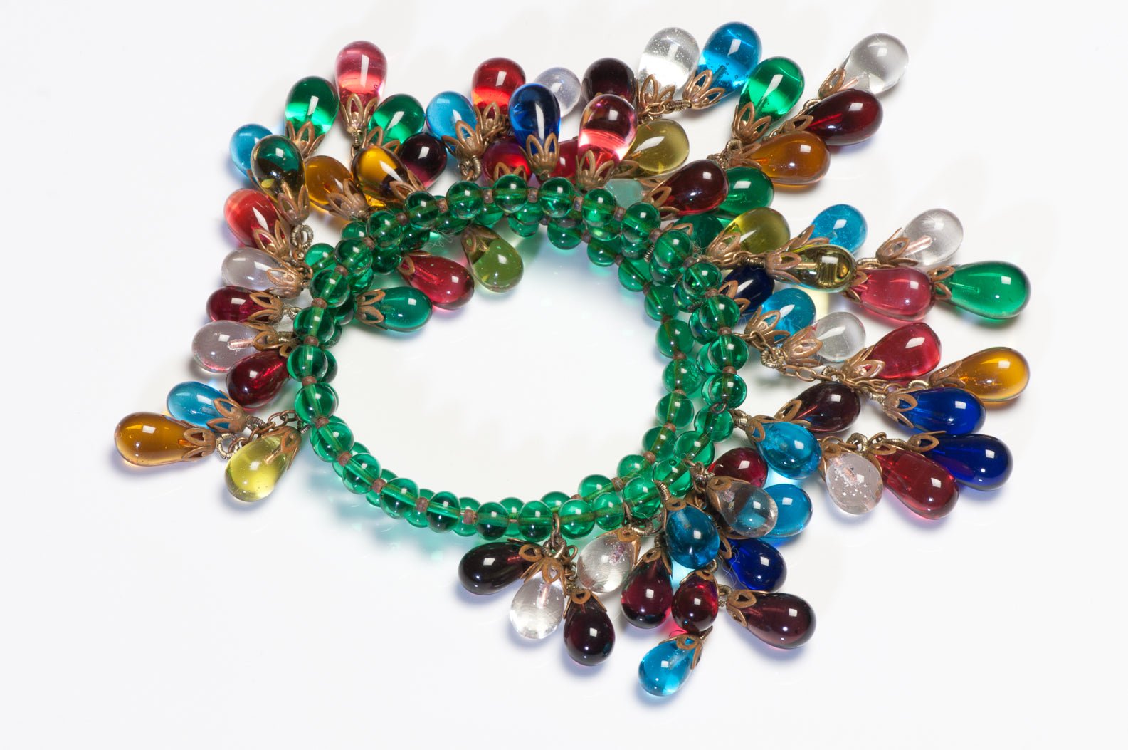 Vintage 1950’s Green Yellow Blue Red Poured Glass Beads Collar Necklace