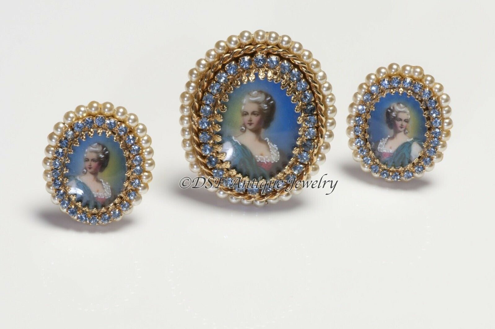 Vintage 1950’s HOBE Blue Crystal Lady Portrait Brooch Earrings Set