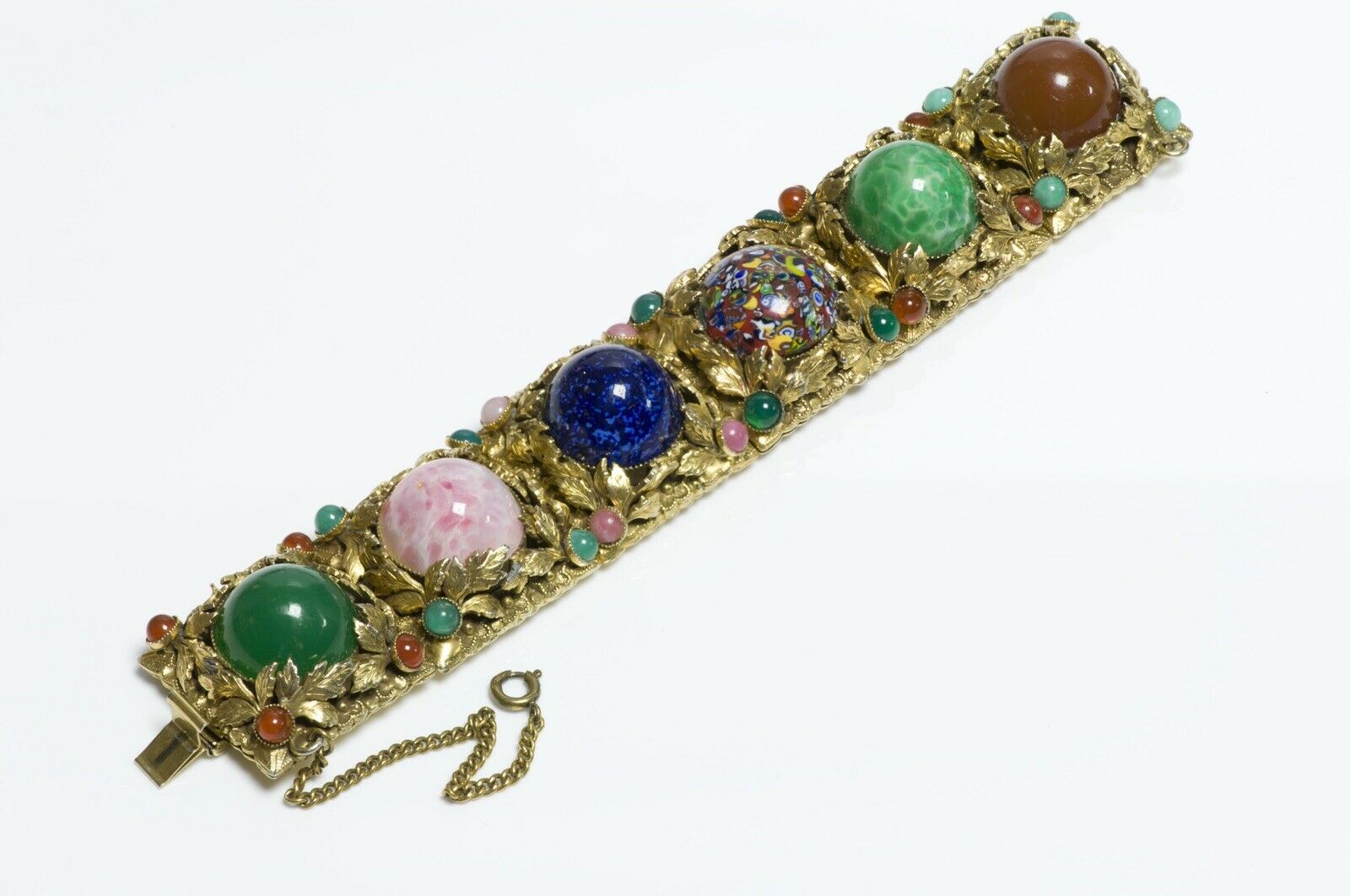 Vintage 1950’s Italian Millefiori Cabochon Glass Leaf Pattern Wide Bracelet