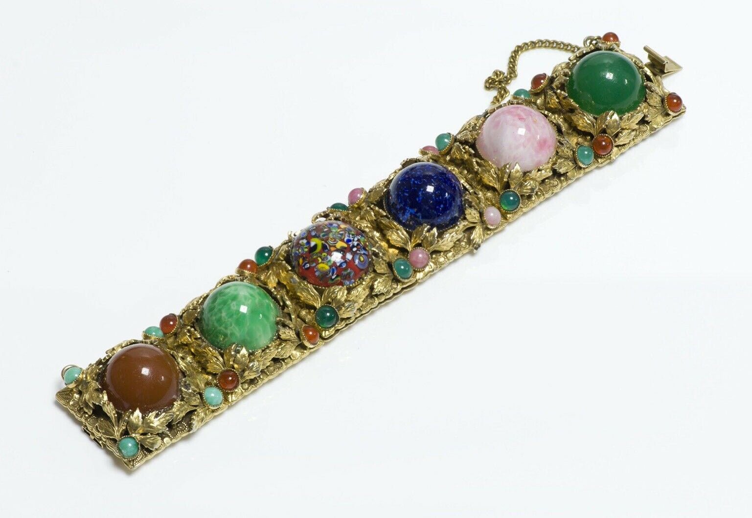 Vintage 1950’s Italian Millefiori Cabochon Glass Leaf Pattern Wide Bracelet