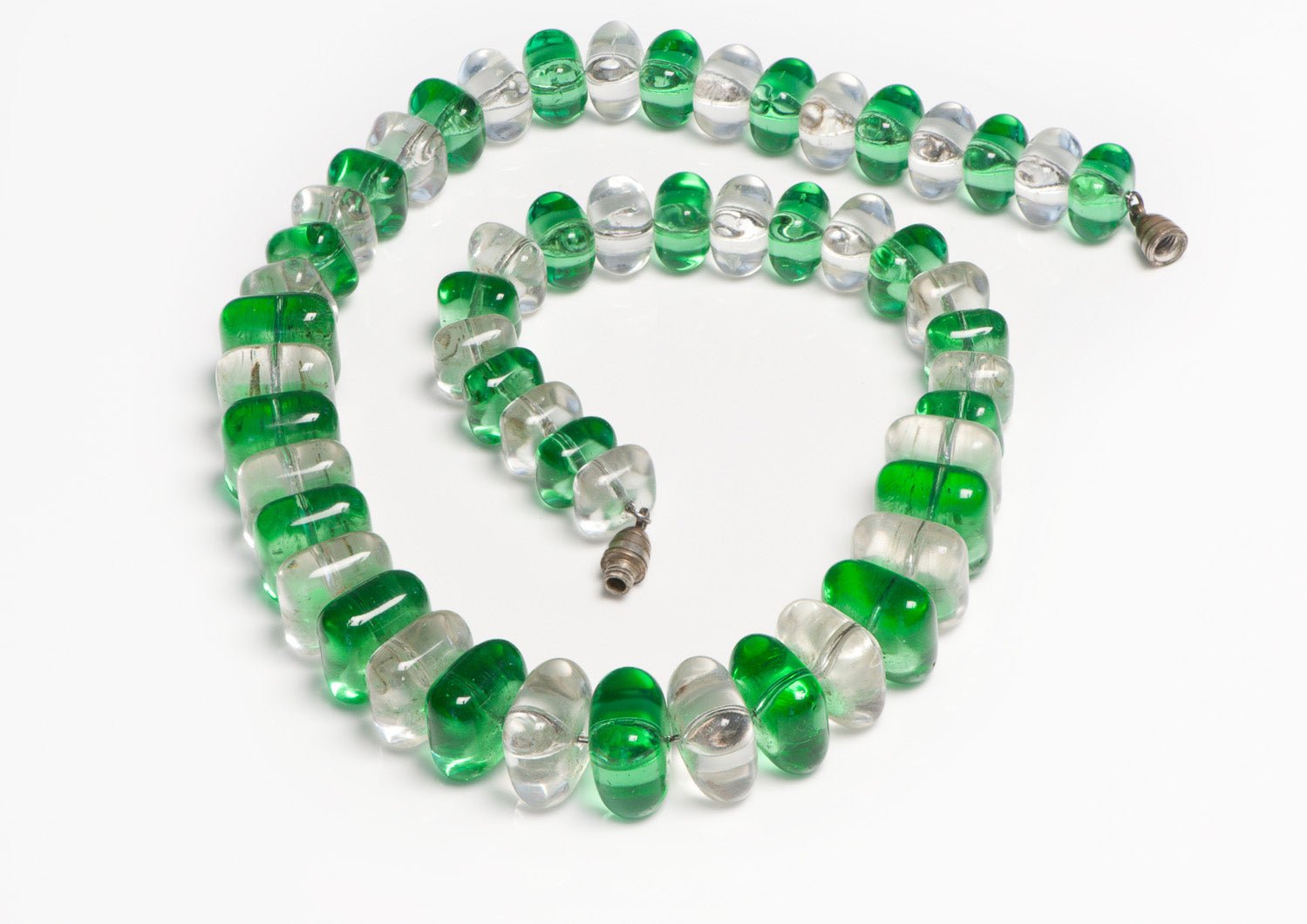 Vintage 1950's Louis Rousselet Green Glass Pillow Beads Collar Necklace