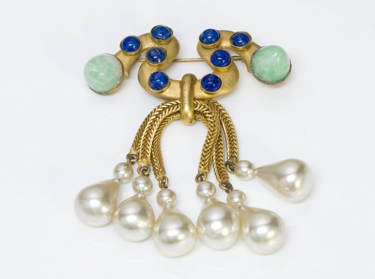 Vintage 1950's Louis Rousselet Paris Green Blue Glass Pearl Brooch