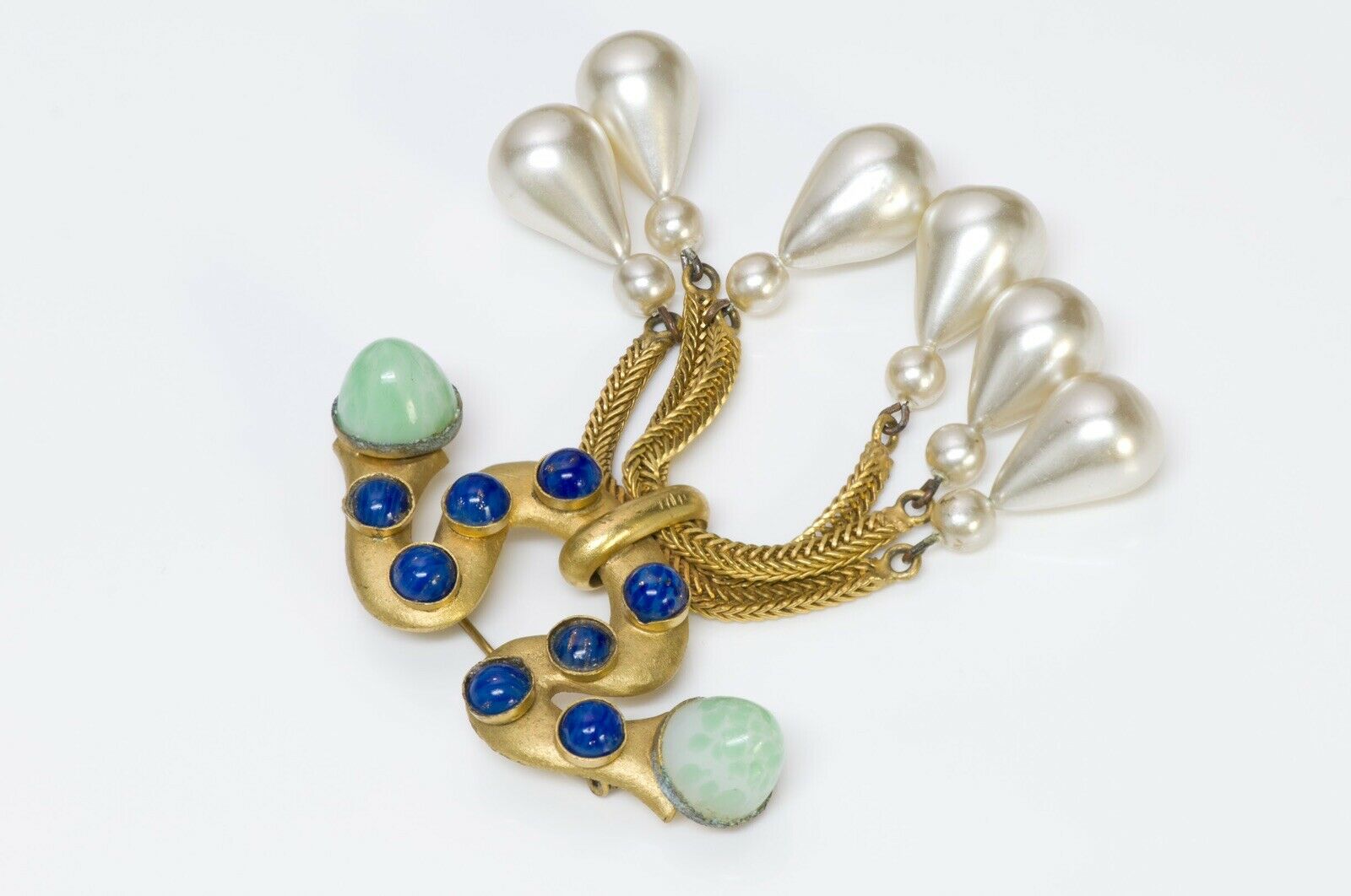 Vintage 1950's Louis Rousselet Paris Green Blue Glass Pearl Brooch
