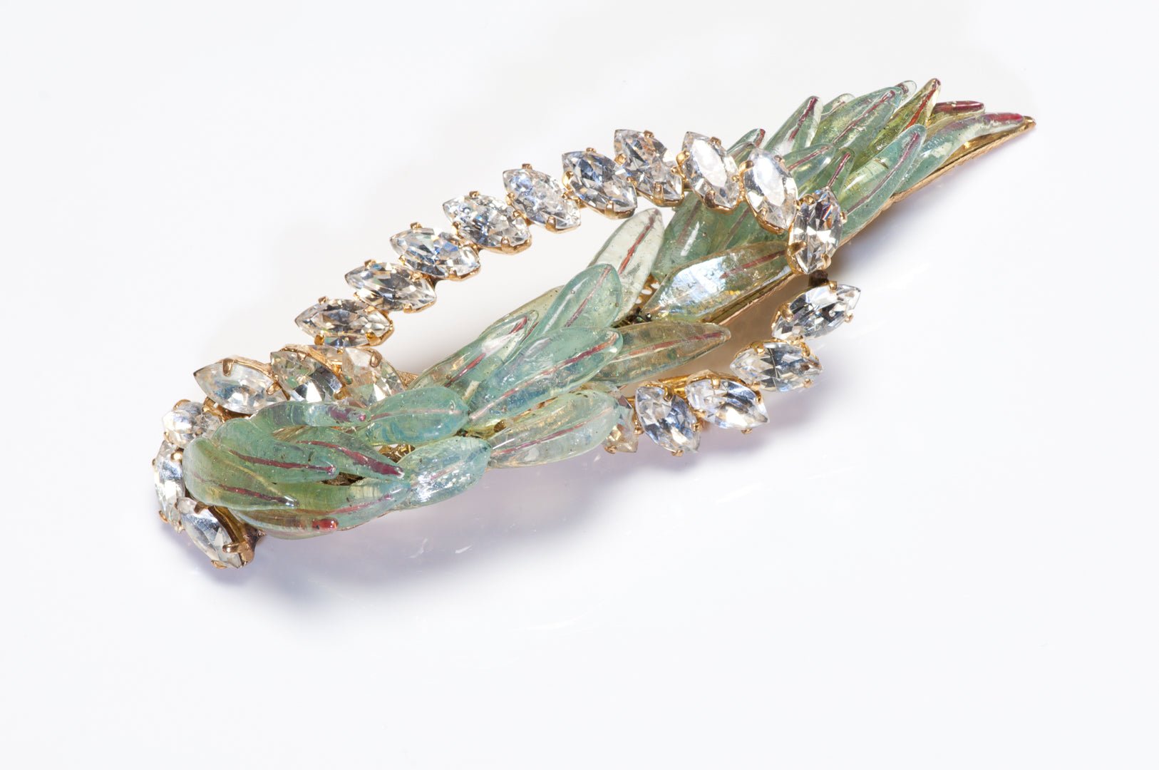 Vintage 1950’s Maison Gripoix Couture Green Glass Feather Crystal Bird Brooch