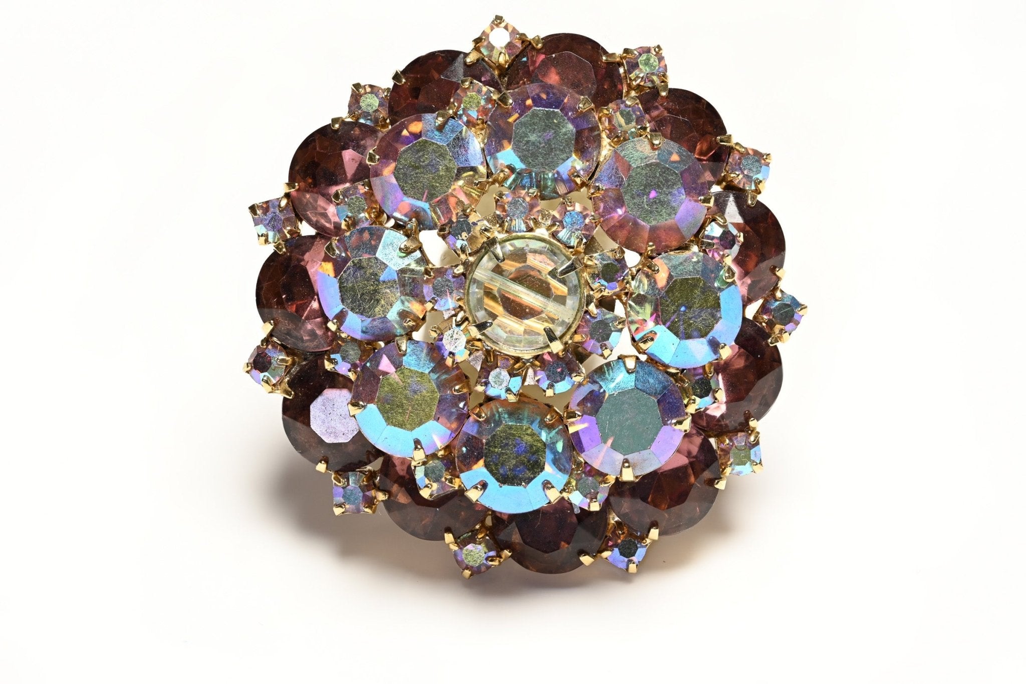 Vintage 1950's Purple Aurora Borealis Crystal Flower Brooch