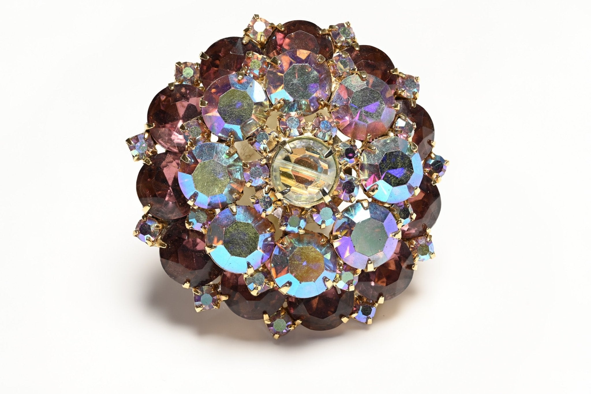 Vintage 1950's Purple Aurora Borealis Crystal Flower Brooch