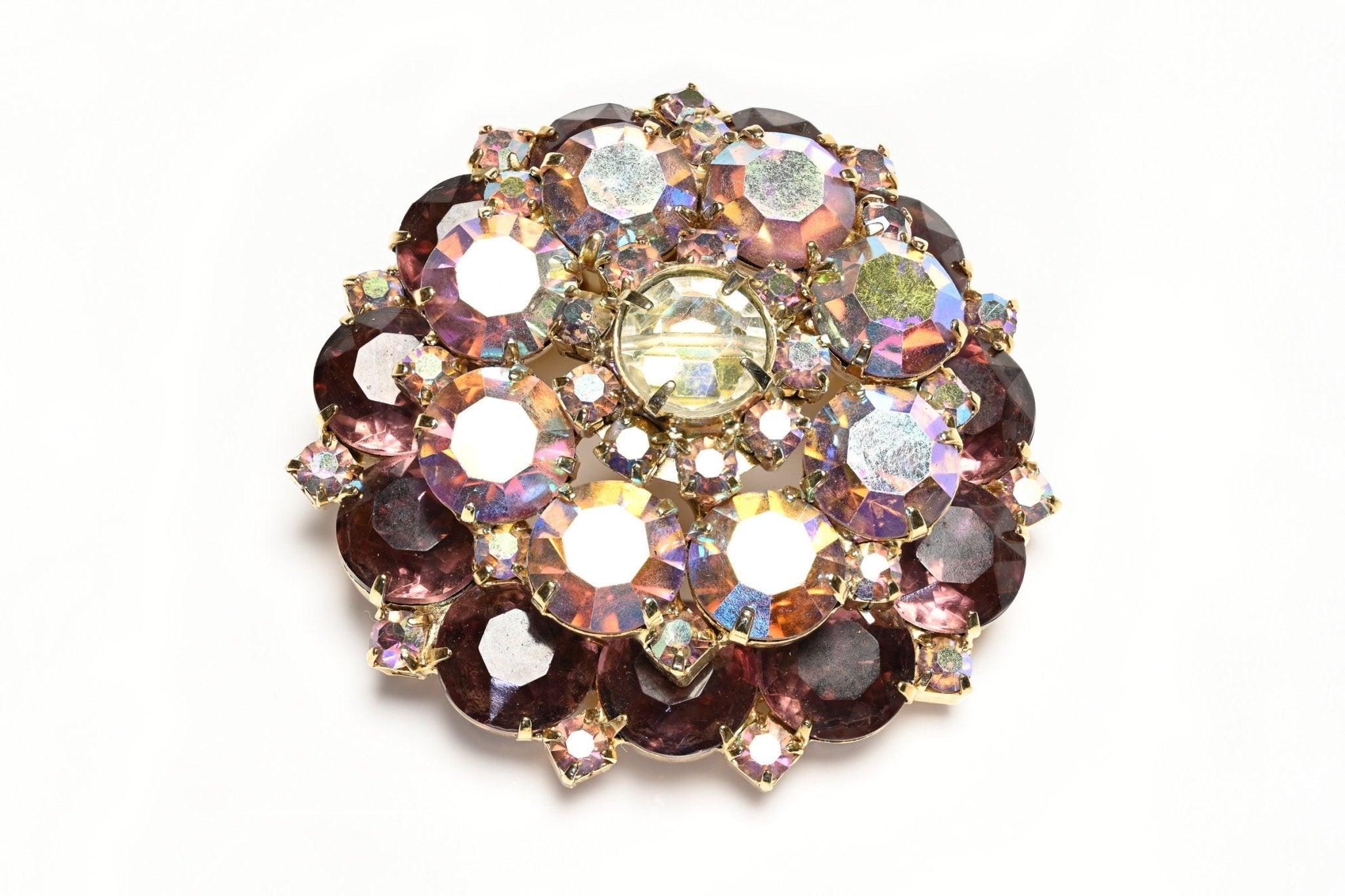 Vintage 1950's Purple Aurora Borealis Crystal Flower Brooch