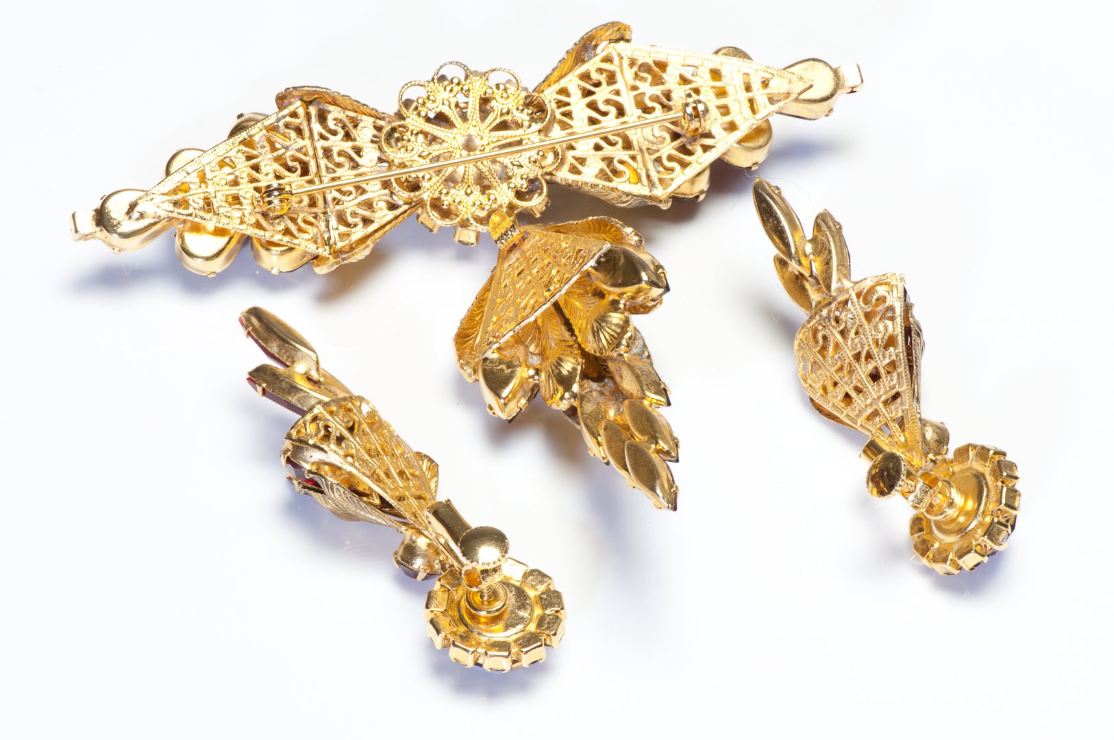 Vintage 1950’s Red Crystal Filigree Large Brooch Earrings Set