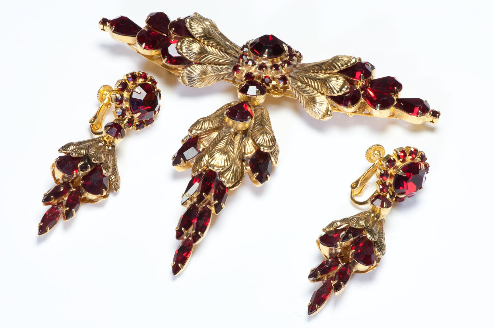 Vintage 1950’s Red Crystal Filigree Large Brooch Earrings Set