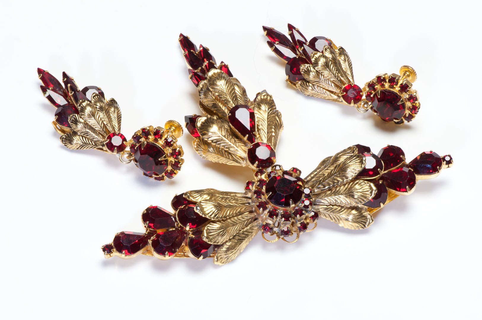 Vintage 1950’s Red Crystal Filigree Large Brooch Earrings Set