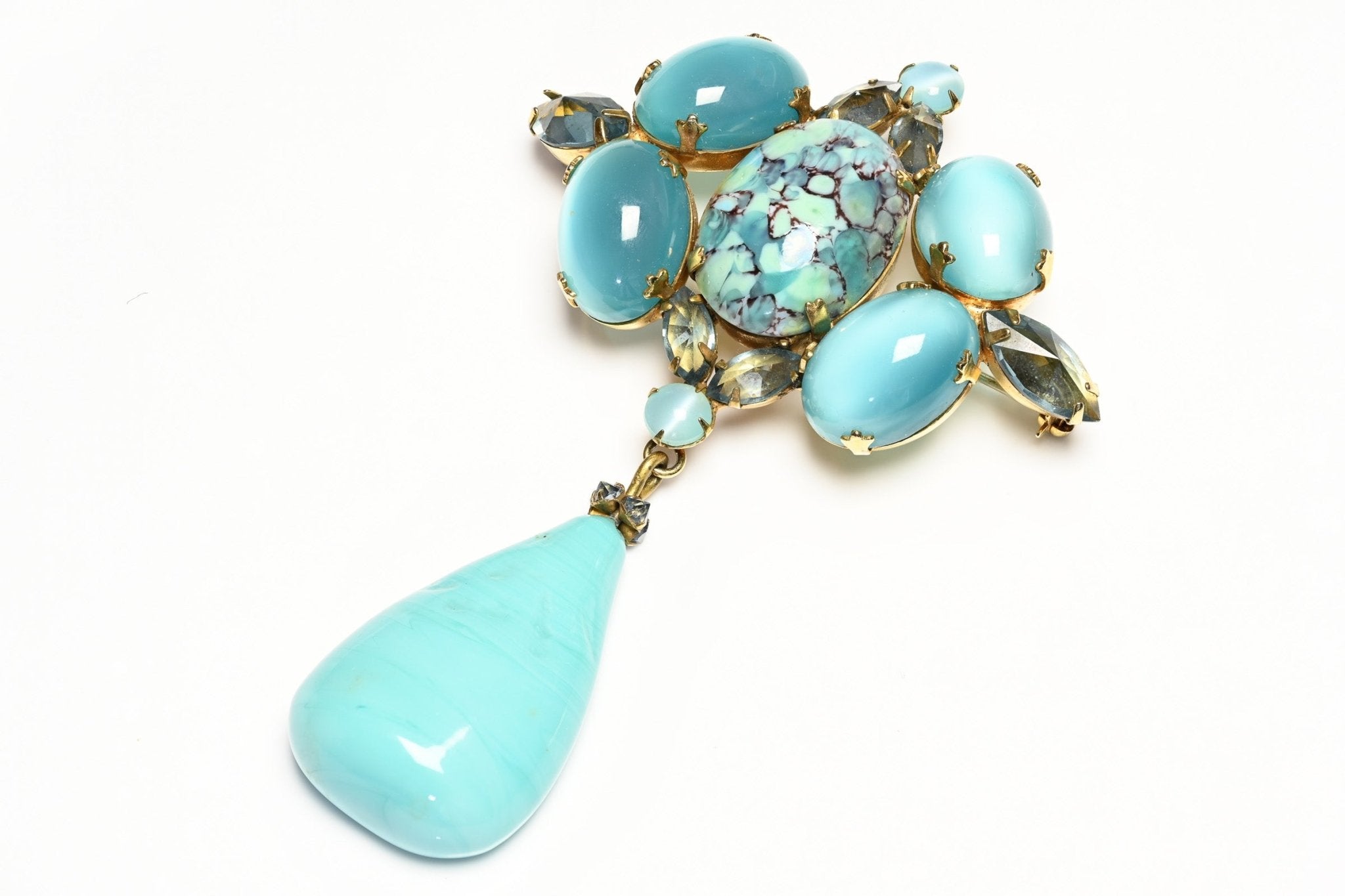 Vintage 1950's Schreiner NY Blue Poured Glass Drop Crystal Pendant Brooch