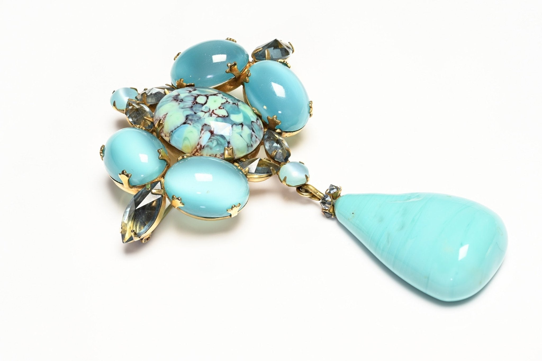 Vintage 1950's Schreiner NY Blue Poured Glass Drop Crystal Pendant Brooch