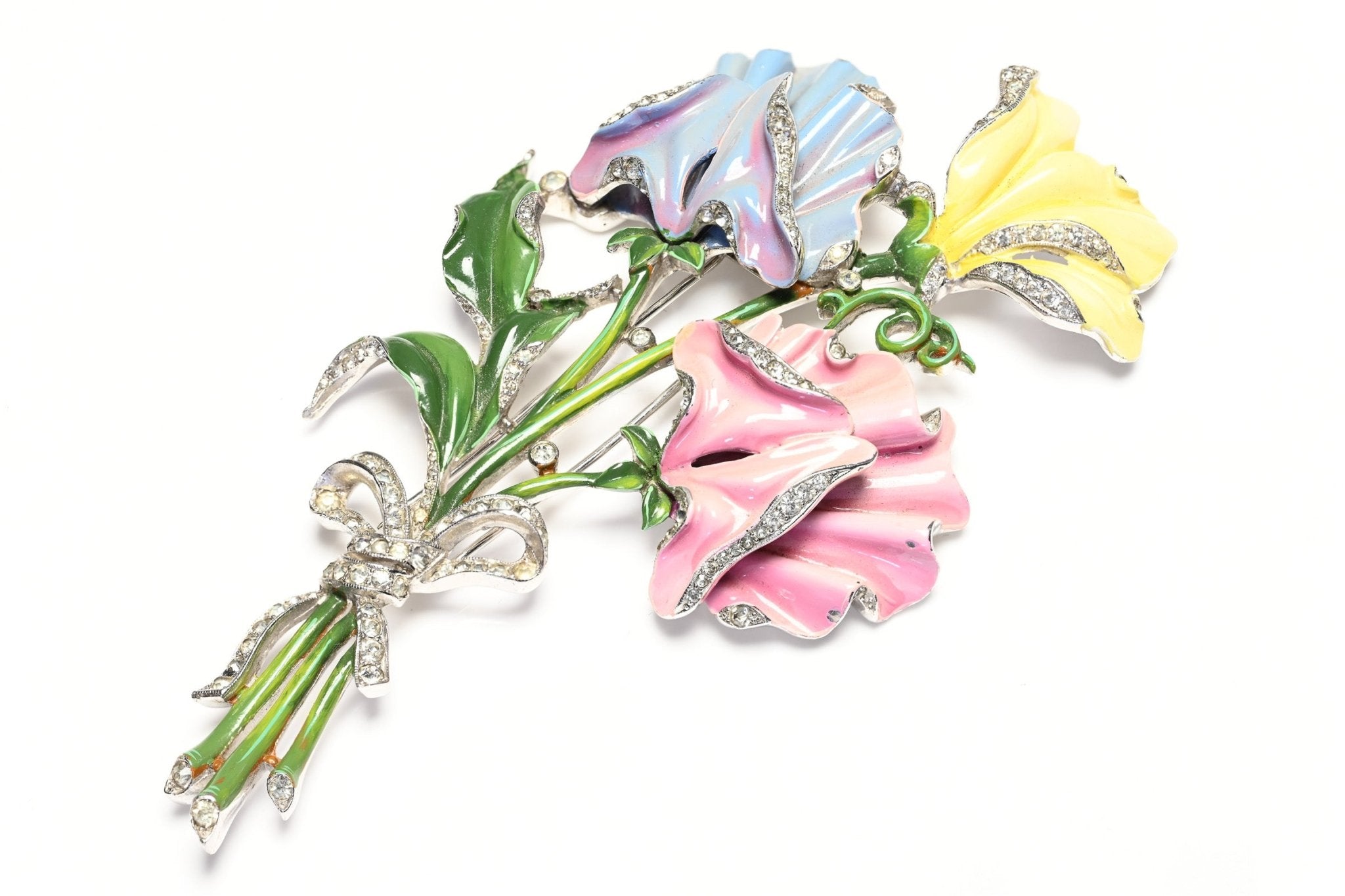 Vintage 1950's Trifari Alfred Philippe Pink Blue Yellow Enamel Bouquet Flower Brooch
