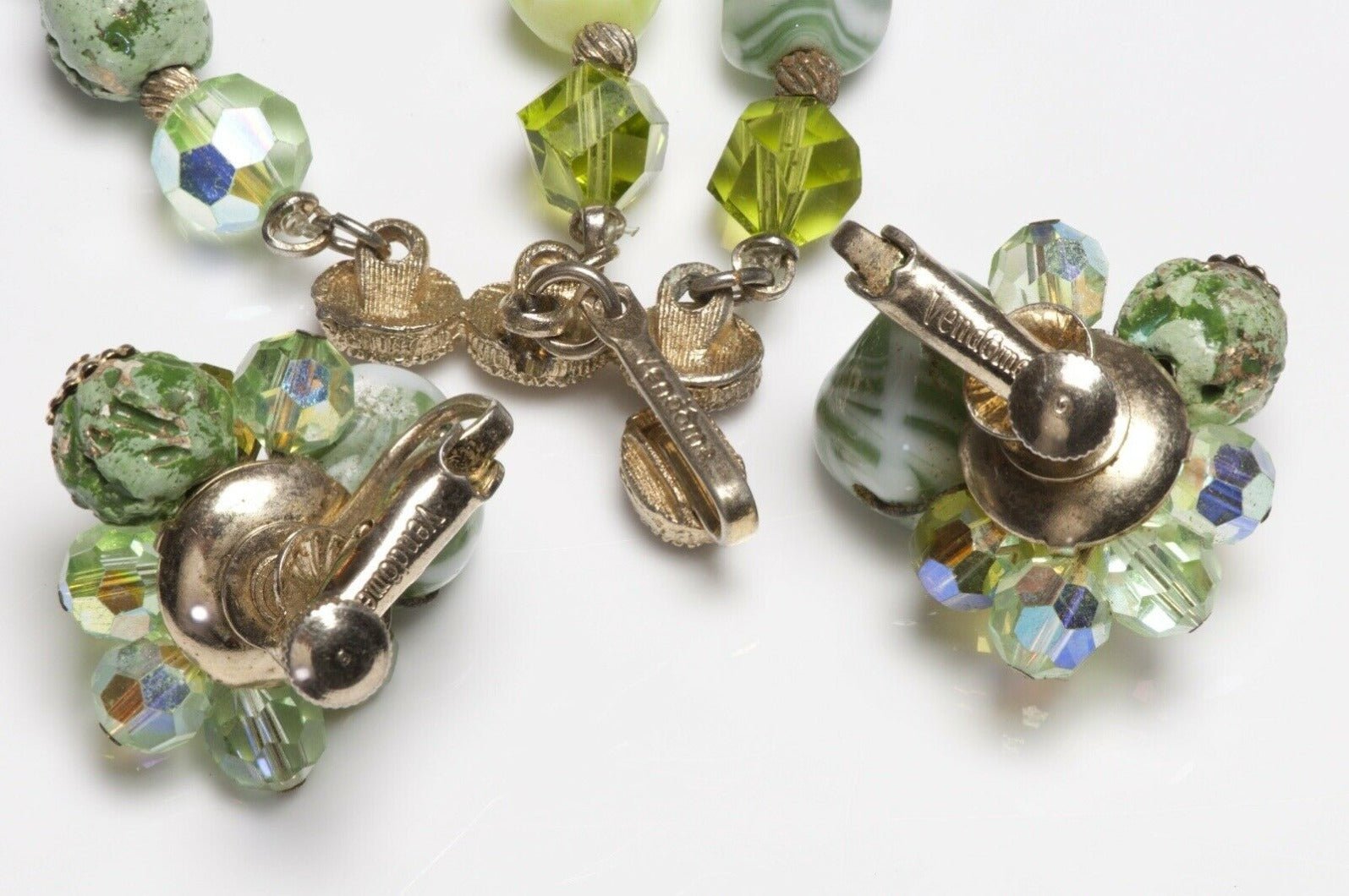Vintage 1950’s Vendome Green Crystal Glass Beads Necklace Earrings Set
