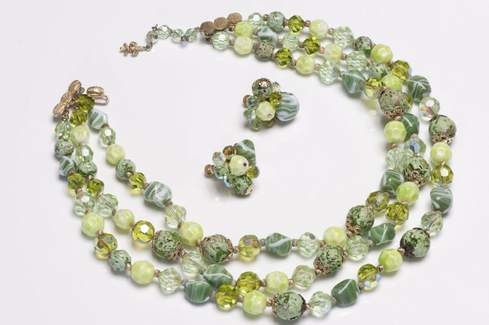 Vintage 1950’s Vendome Green Crystal Glass Beads Necklace Earrings Set
