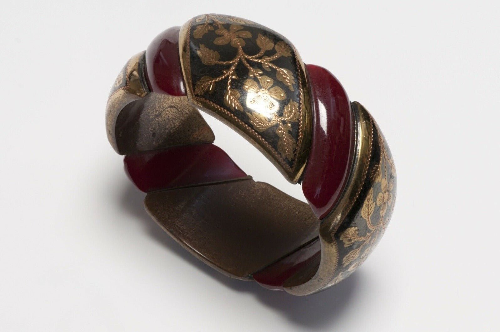 Vintage 1950’s Wide Brown Bakelite Overlay Metal Bangle Bracelet