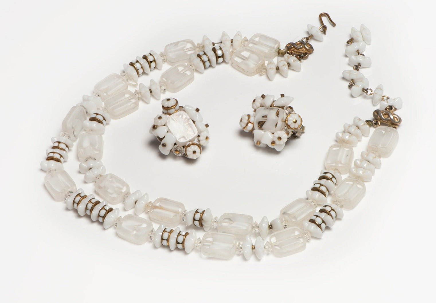 Vintage 1960's Alice Caviness White Glass Beads Crystal Earrings Necklace Set