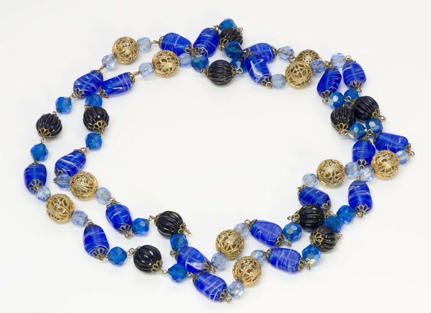 Vintage 1960’s Blue Glass Filigree Infinity Chain Necklace